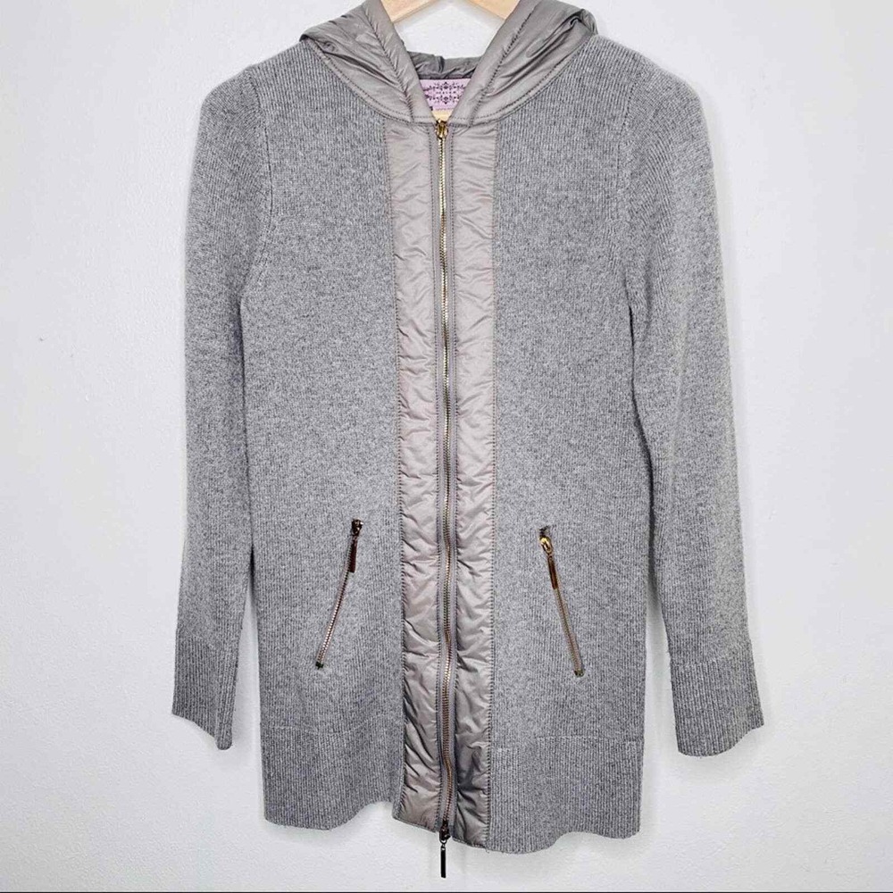 Oliver by Esst Gray Hooded Knit Cardigan Quilted Trim Zip Up Jacket Small Anthro - Picture 3 of 6